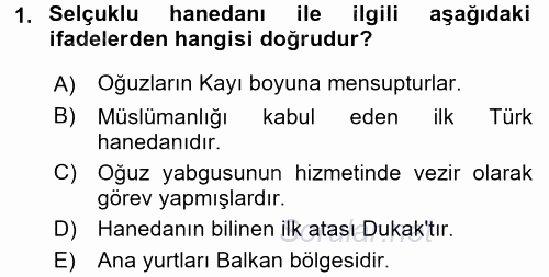 Büyük Selçuklu Tarihi 2016 - 2017 Dönem Sonu Sınavı 1.Soru