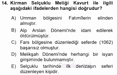 Büyük Selçuklu Tarihi 2016 - 2017 Dönem Sonu Sınavı 14.Soru