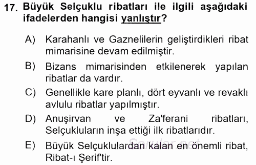 Büyük Selçuklu Tarihi 2016 - 2017 Dönem Sonu Sınavı 17.Soru
