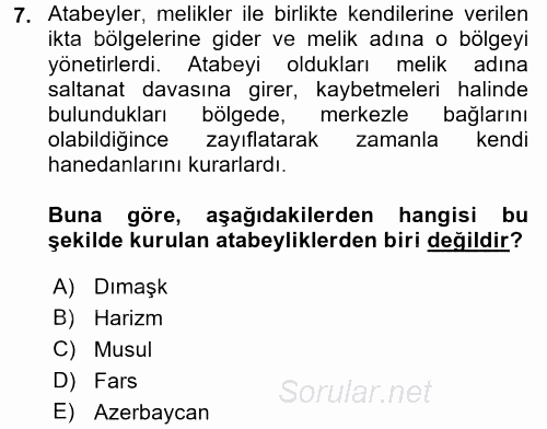 Büyük Selçuklu Tarihi 2016 - 2017 Dönem Sonu Sınavı 7.Soru