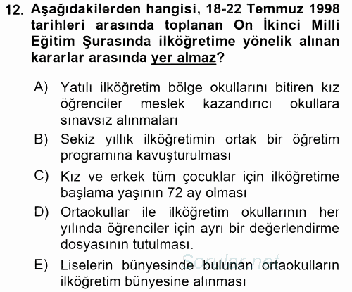 Türk Eğitim Tarihi 2015 - 2016 Tek Ders Sınavı 12.Soru