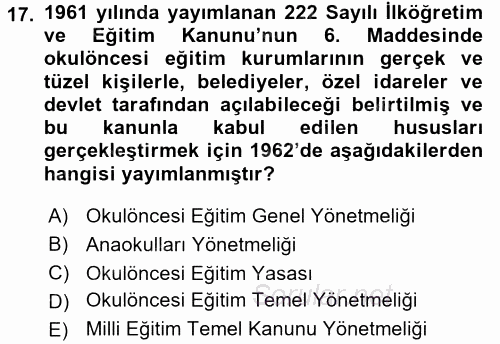 Türk Eğitim Tarihi 2015 - 2016 Tek Ders Sınavı 17.Soru