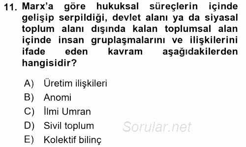 Hukuk Sosyolojisi 2015 - 2016 Tek Ders Sınavı 11.Soru