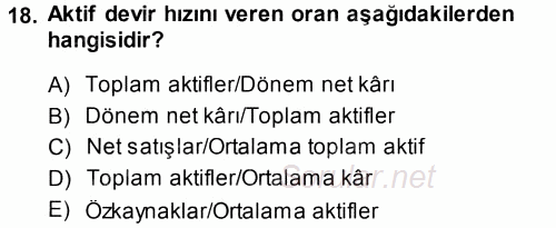 Muhasebe Denetimi ve Mali Analiz 2013 - 2014 Tek Ders Sınavı 18.Soru