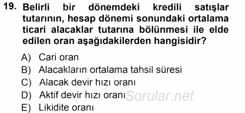 Muhasebe Denetimi ve Mali Analiz 2013 - 2014 Tek Ders Sınavı 19.Soru