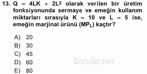 Matematiksel İktisat 2017 - 2018 Dönem Sonu Sınavı 13.Soru