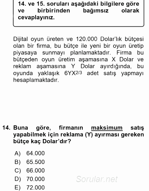 Matematiksel İktisat 2017 - 2018 Dönem Sonu Sınavı 14.Soru