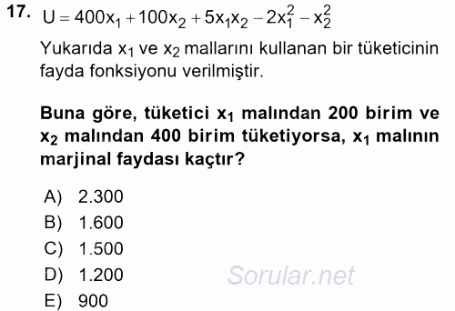 Matematiksel İktisat 2017 - 2018 Dönem Sonu Sınavı 17.Soru