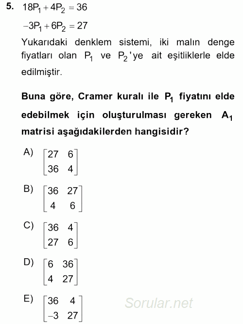 Matematiksel İktisat 2017 - 2018 Dönem Sonu Sınavı 5.Soru