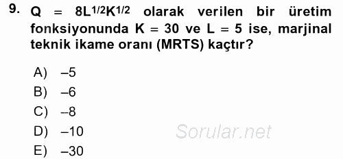 Matematiksel İktisat 2017 - 2018 Dönem Sonu Sınavı 9.Soru