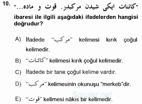 Osmanlı Türkçesi Grameri 1 2015 - 2016 Ara Sınavı 10.Soru