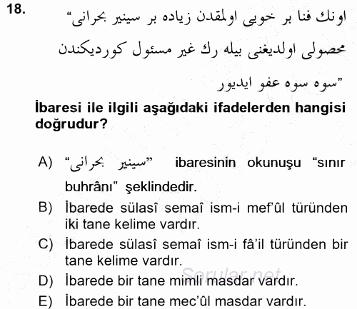 Osmanlı Türkçesi Grameri 1 2015 - 2016 Ara Sınavı 18.Soru