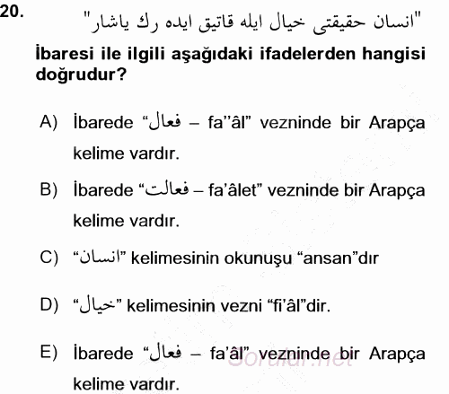Osmanlı Türkçesi Grameri 1 2015 - 2016 Ara Sınavı 20.Soru