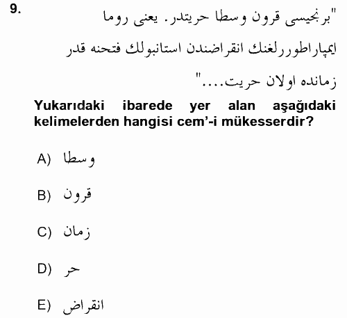 Osmanlı Türkçesi Grameri 1 2015 - 2016 Ara Sınavı 9.Soru