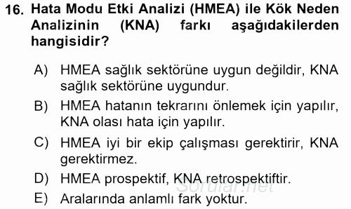 Sağlık Hizmetlerinde Araştırma Ve Değerlendirme 2017 - 2018 Dönem Sonu Sınavı 16.Soru
