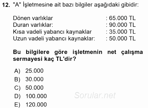 Mali Analiz 2017 - 2018 Dönem Sonu Sınavı 12.Soru