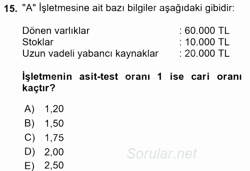 Mali Analiz 2017 - 2018 Dönem Sonu Sınavı 15.Soru