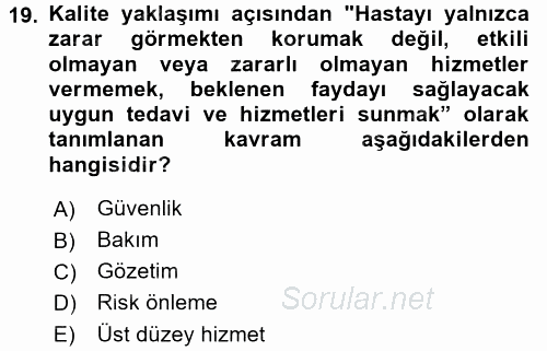 Sağlık Kurumlarında Kalite Yönetimi 2017 - 2018 3 Ders Sınavı 19.Soru