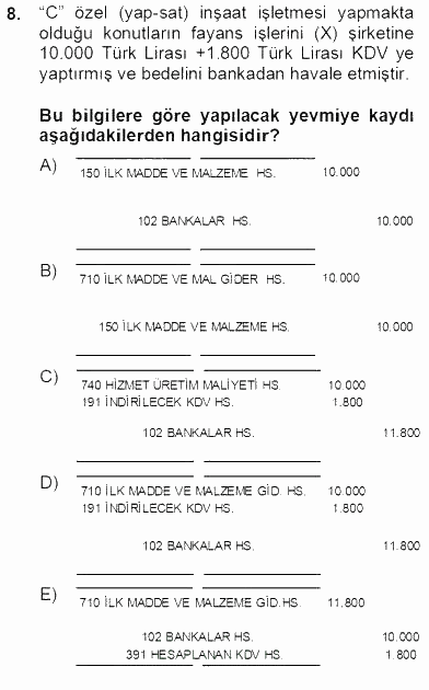 İnşaat ve Gayrimenkul Muhasebesi 2013 - 2014 Tek Ders Sınavı 8.Soru