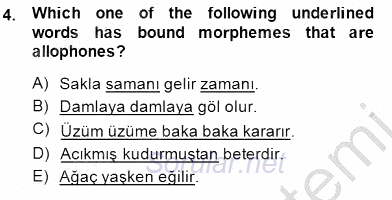 Türkçe Ses Ve Biçim Bilgisi 2014 - 2015 Dönem Sonu Sınavı 4.Soru