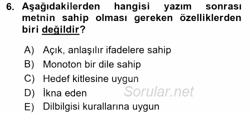 Halkla İlişkiler Yazarlığı 2015 - 2016 Dönem Sonu Sınavı 6.Soru