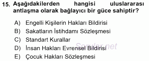 Özel Gereksinimli Bireyler ve Bakım Hizmetleri 2016 - 2017 3 Ders Sınavı 15.Soru