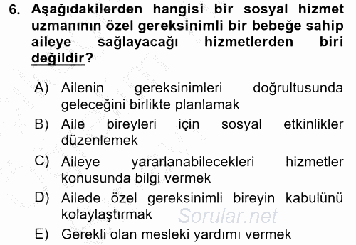 Özel Gereksinimli Bireyler ve Bakım Hizmetleri 2016 - 2017 3 Ders Sınavı 6.Soru