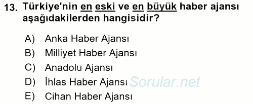 Basın Fotoğrafçılığı 2016 - 2017 Dönem Sonu Sınavı 13.Soru