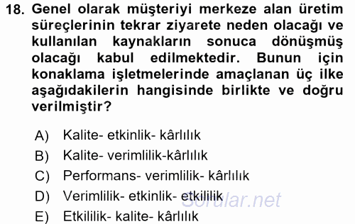 Konaklama Hizmetlerinde Kalite Yönetimi 2017 - 2018 3 Ders Sınavı 18.Soru