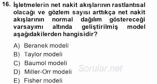 Sağlık Kurumlarında Finansal Yönetim 2013 - 2014 Ara Sınavı 16.Soru