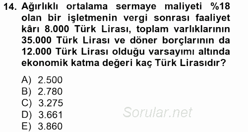 Maliyet Yönetimi 2014 - 2015 Tek Ders Sınavı 14.Soru