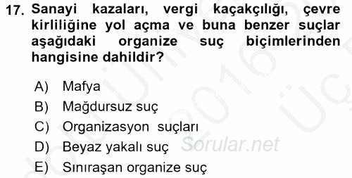 Suç Sosyolojisi 2016 - 2017 3 Ders Sınavı 17.Soru