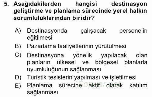 Destinasyon Yönetimi 2015 - 2016 Ara Sınavı 5.Soru