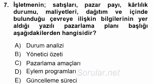 Destinasyon Yönetimi 2015 - 2016 Ara Sınavı 7.Soru
