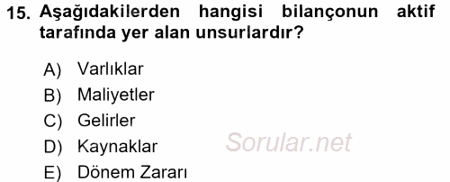Banka Ve Sigorta Muhasebesi 2016 - 2017 Dönem Sonu Sınavı 15.Soru
