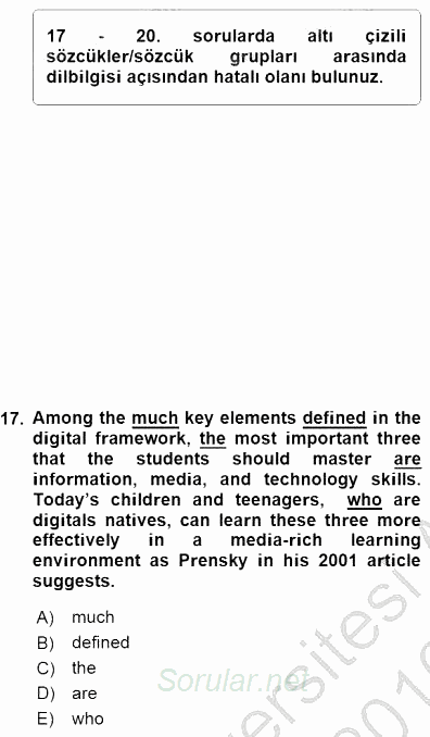 Pedagojik Gramer 1 2015 - 2016 Dönem Sonu Sınavı 17.Soru