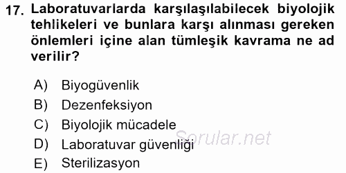 Laboratuvar Hayvanlarını Yetiştirme ve Sağlığı 2017 - 2018 Dönem Sonu Sınavı 17.Soru