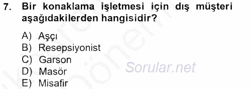 Konaklama Hizmetlerinde Kalite Yönetimi 2012 - 2013 Ara Sınavı 7.Soru