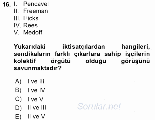 Çalışma Ekonomisi 2 2016 - 2017 Ara Sınavı 16.Soru