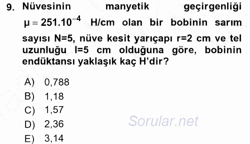 Devre Analizi 2016 - 2017 3 Ders Sınavı 9.Soru