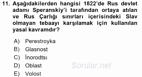 XIX. Yüzyıl Türk Dünyası 2017 - 2018 Dönem Sonu Sınavı 11.Soru