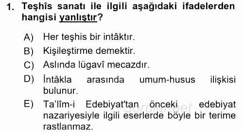 Eski Türk Edebiyatına Giriş: Söz Sanatları 2015 - 2016 Ara Sınavı 1.Soru