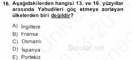 Osmanlı´da İskan ve Göç 2013 - 2014 Dönem Sonu Sınavı 16.Soru
