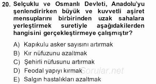 Osmanlı´da İskan ve Göç 2013 - 2014 Dönem Sonu Sınavı 20.Soru