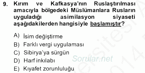 Osmanlı´da İskan ve Göç 2013 - 2014 Dönem Sonu Sınavı 9.Soru