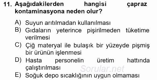 Hijyen ve Sanitasyon 2014 - 2015 Tek Ders Sınavı 11.Soru