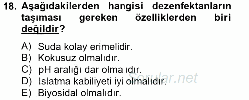 Hijyen ve Sanitasyon 2014 - 2015 Tek Ders Sınavı 18.Soru