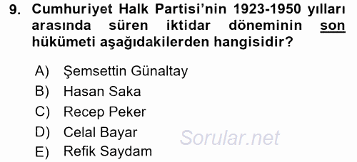 Atatürk İlkeleri Ve İnkılap Tarihi 2 2016 - 2017 Dönem Sonu Sınavı 9.Soru