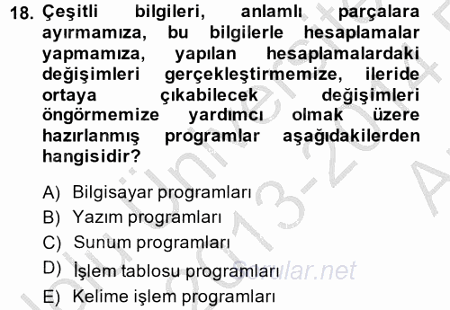 Dış Ticarette Bilgisayar Uygulamaları 2013 - 2014 Ara Sınavı 18.Soru