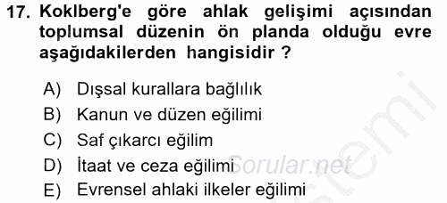 Çocuk Gelişimi 2016 - 2017 3 Ders Sınavı 17.Soru